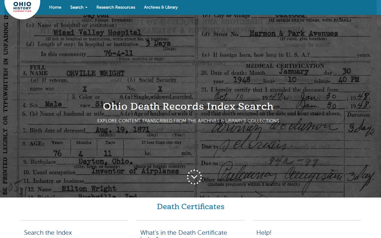 Colerain Township previous residents Ohio historical death certificate index