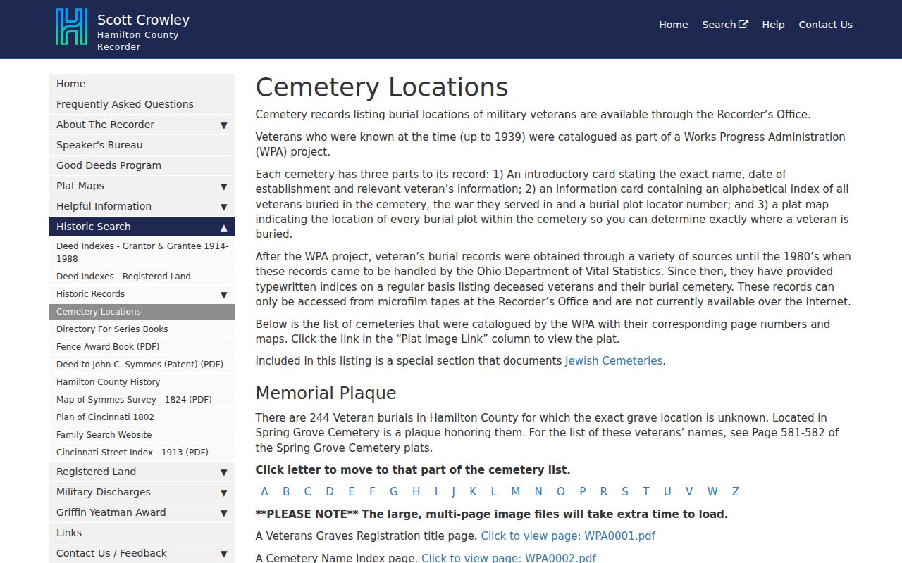 Colerain Township previous residents Recorder cemetery WPA survey source