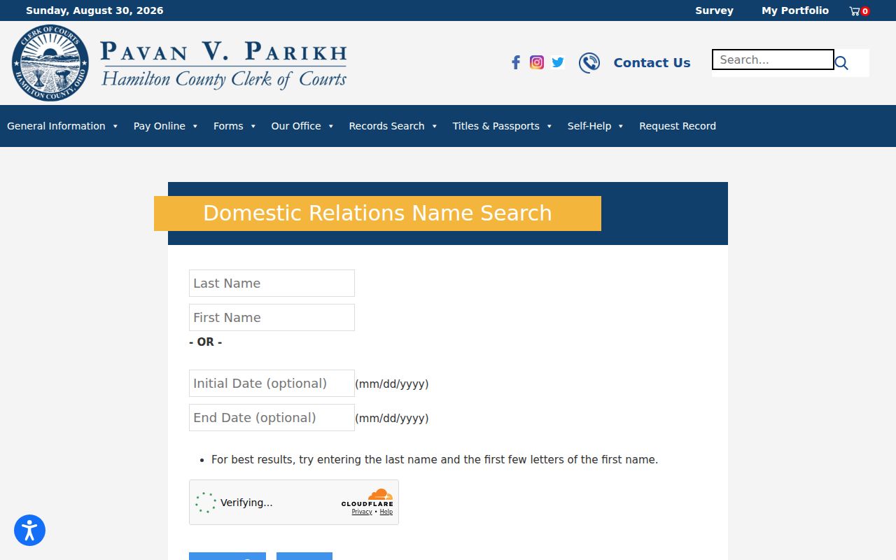 Colerain Township resident lookup through the Hamilton County Domestic Relations name search