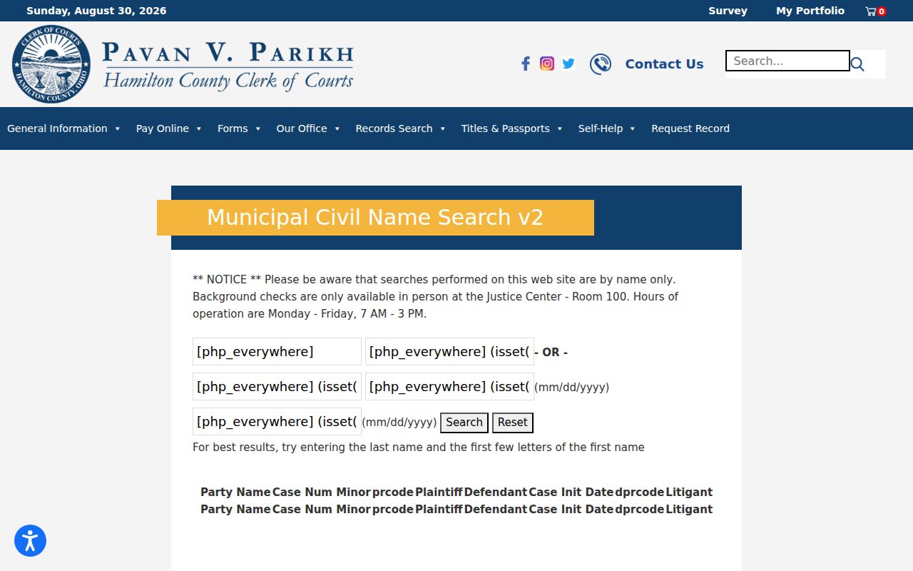 Colerain Township resident lookup using the Hamilton County Municipal Civil name search