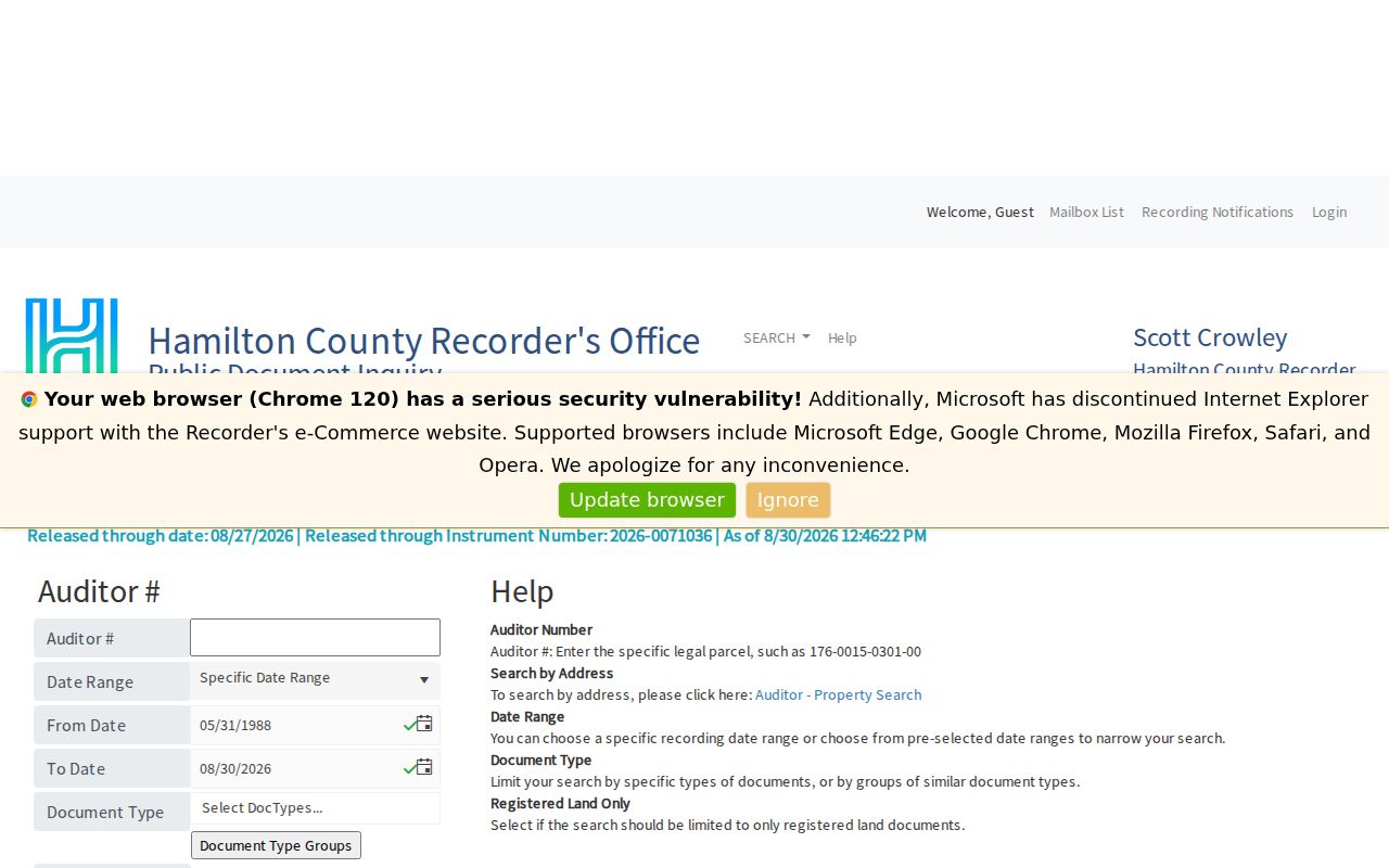 Colerain Township street directory Recorder parcel and Auditor number search