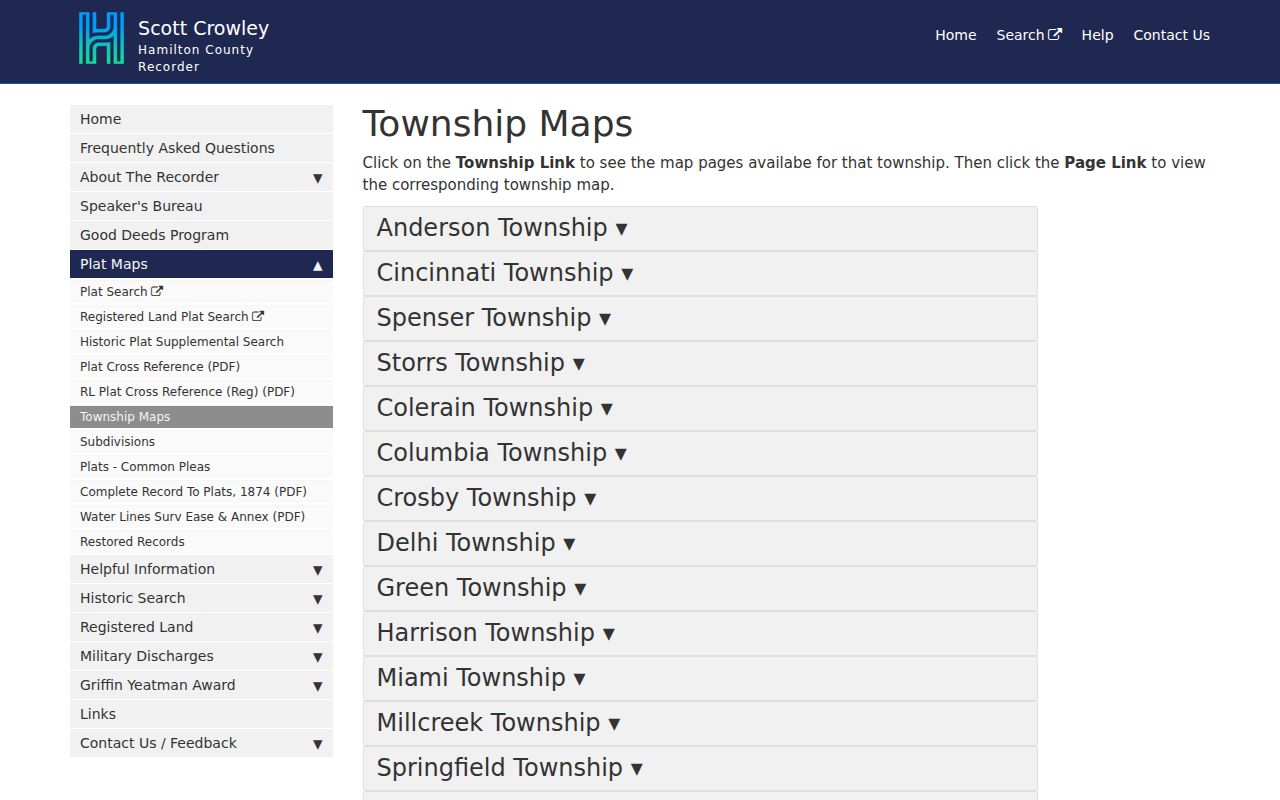 Colerain Township street directory Recorder township maps index